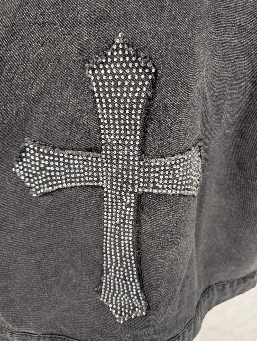 Denim Jacket 'Sinister' Cross Written In Rhinestones Black Denim Jacket Sz L - Picture 4 of 6